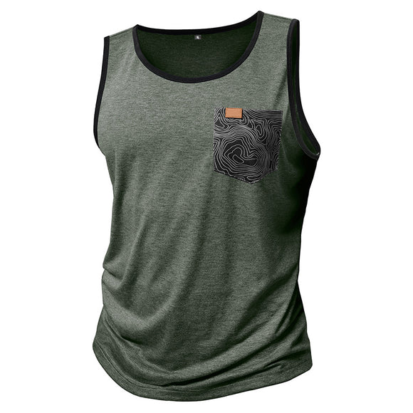 Loose Sleeveless Sports T-Shirt with Pockets and Print