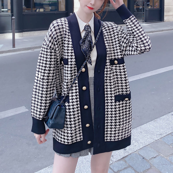 Cardigan Tejido Suelto con Cuello V y Detalles en Contraste para Mujer