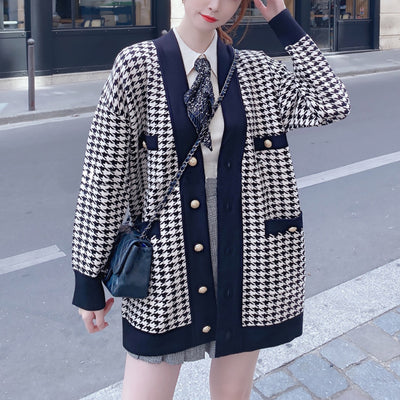 Cardigan Tejido Suelto con Cuello V y Detalles en Contraste para Mujer