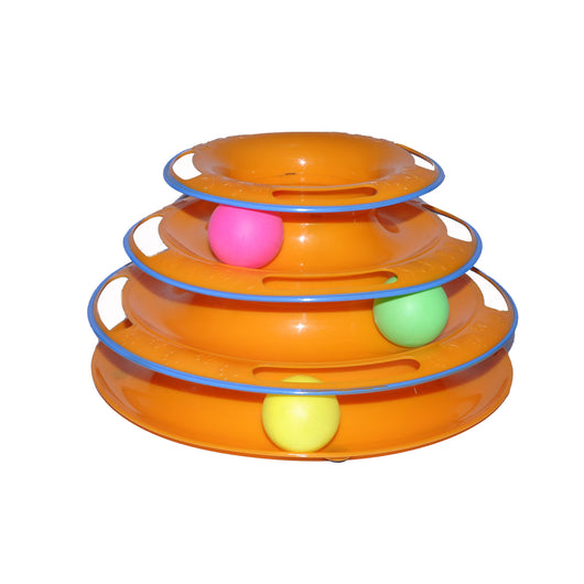 Orange three-layer cat play plate with blue trim, featuring a pink, green, and yellow ball on each level. - Image 8
