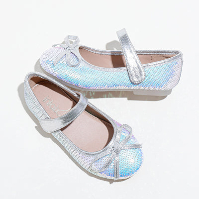 Silver sequined princess shoes for big kids with a soft sole, featuring a decorative bow and a Mary Jane strap. - Image 12