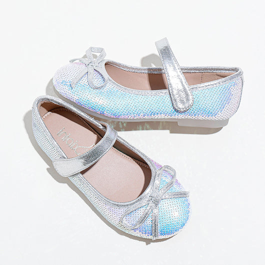 Silver sequined princess shoes for big kids with a soft sole, featuring a decorative bow and a Mary Jane strap. - Image 12