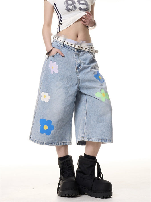 Pantalón Vaquero Vintage Cropped de Pierna Recta con Flores para Mujer - Image 10