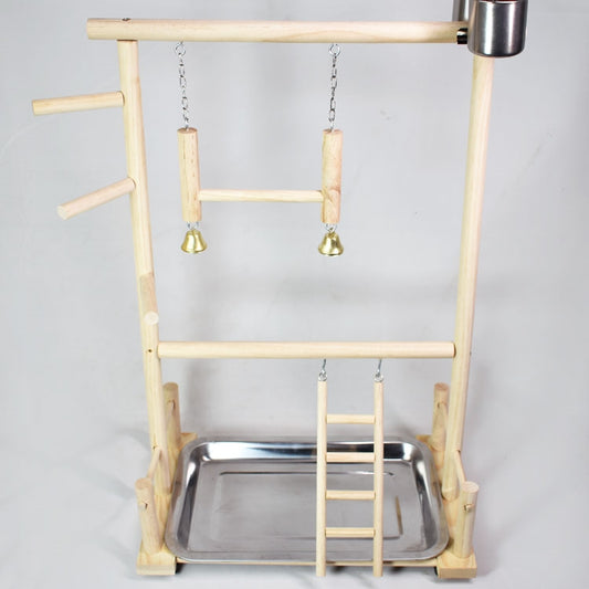 Wooden bird play stand with multiple perches, two hanging ladders, and a removable stainless steel tray.