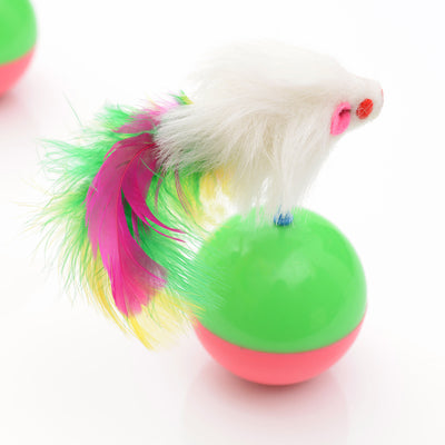 Two white mouse cat toys with colorful feathers on green and pink tumbler bases, reflected on a white surface. - Image 11