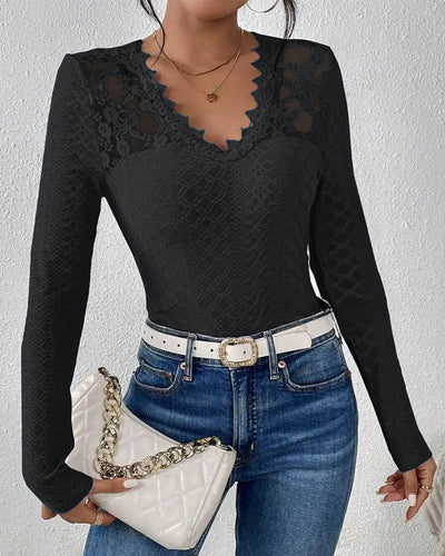 Blusa Elegante de Manga Larga con Panel de Encaje y Cuello en V para Mujer - Image 11