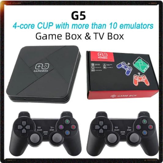Black G5 Game BOX console with geometric design and two matching black gamepads for TV gaming. - Image 2