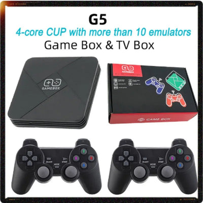 Black G5 Game BOX console with geometric design and two matching black gamepads for TV gaming. - Image 2