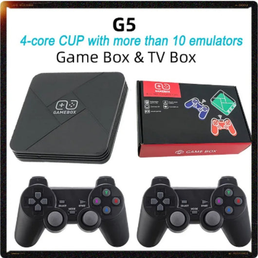 Black G5 Game BOX console with geometric design and two matching black gamepads for TV gaming. - Image 2