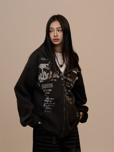Sudadera Mujer con Capucha y Cierre - Estampado de Letras Negro - Image 23
