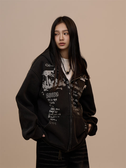 Sudadera Mujer con Capucha y Cierre - Estampado de Letras Negro - Image 23