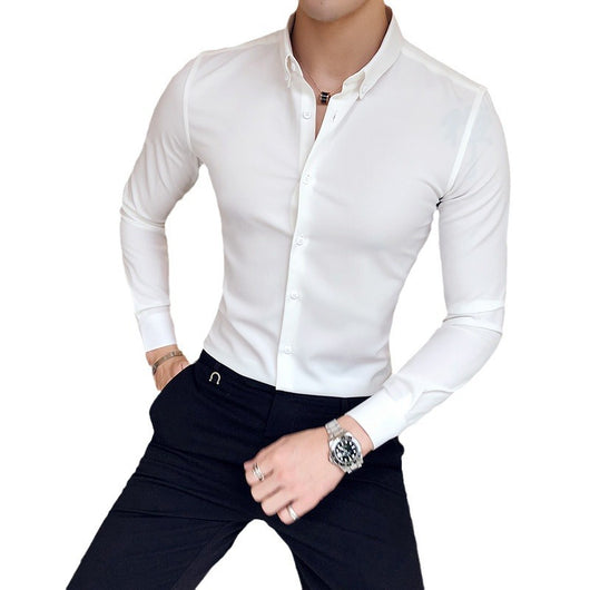 Camisa Manga Larga Estilo Gentleman Británico de Color Sólido - Image 5