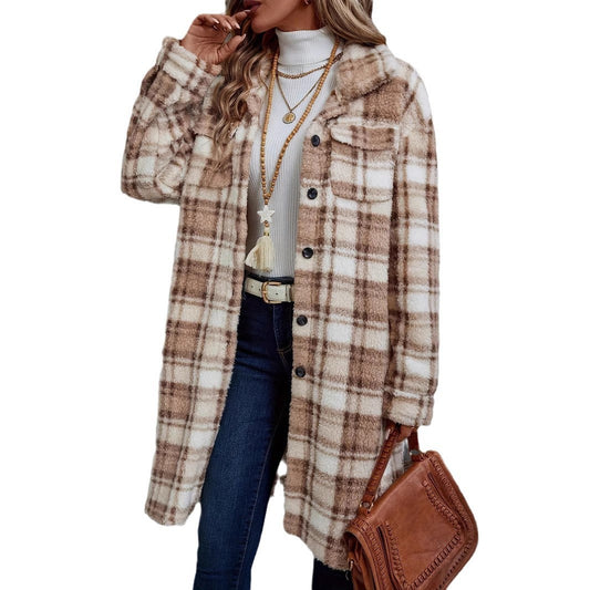 Abrigo Largo Tipo Plaid Impreso para Mujer con Doble Forro Plush y Bolsillos Laterales - Image 2