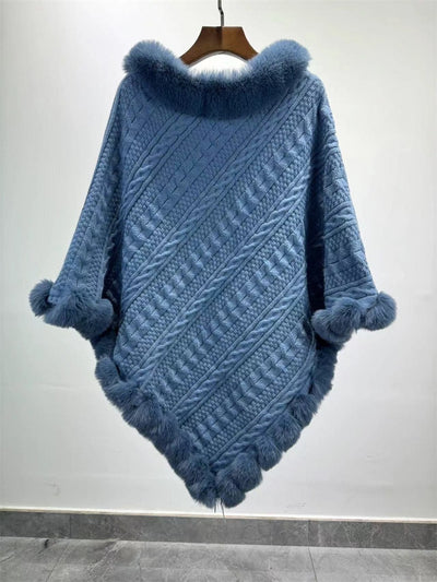 Poncho Tipo Capa de Punto Grueso con Cuello de Pelaje - Image 43