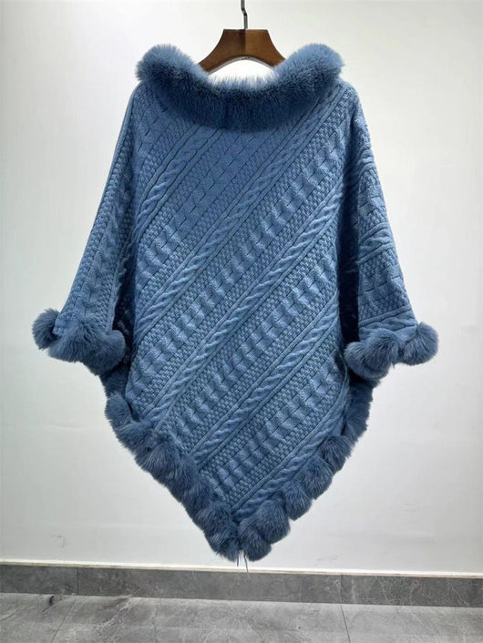 Poncho Tipo Capa de Punto Grueso con Cuello de Pelaje - Image 43