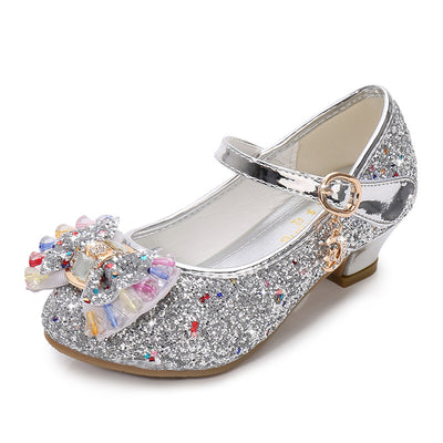 Red glitter Mary Jane shoes for girls with a decorative bow, clear and pink crystals, and a moon and star charm. - Image 17