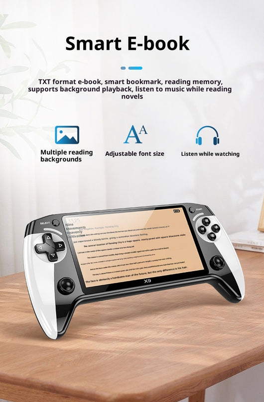 Black and white X9 portable handheld gaming console with a large screen displaying a racing game. - Image 9