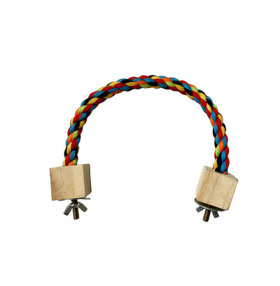 Colorful braided rope bird toy with wooden blocks and metal fasteners, forming a circular swing or climbing perch. - Image 8