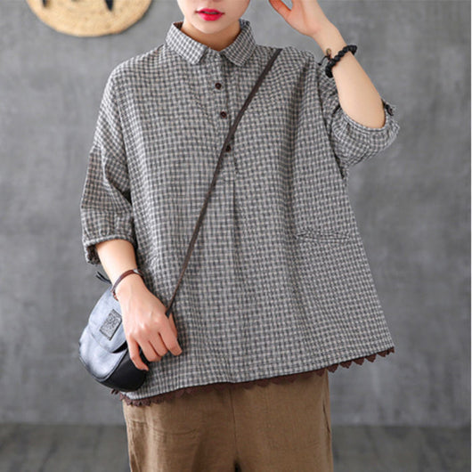 Camisa Cuadriculada Oversize Vintage con Detalles de Encaje - Image 3