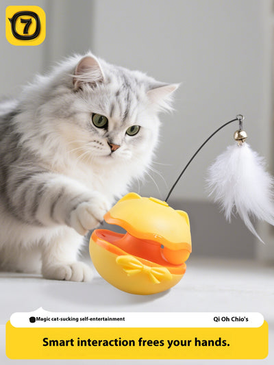 Lemon yellow electric cat toy tumbler with a white feather teaser and two teal worm-like replacement heads. - Image 13