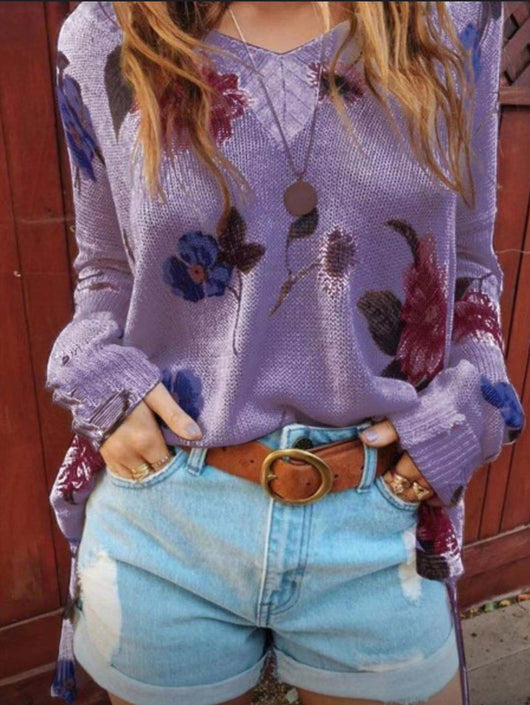 Blusa Suelta Estampada con Cuello en V y Mangas Largas - Image 11