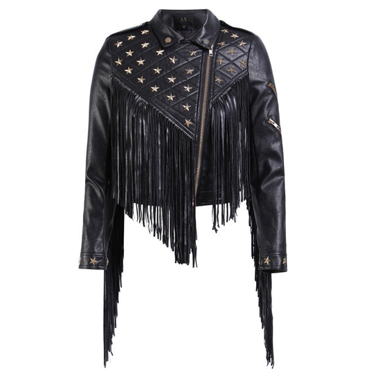 Chaqueta de Cuero para Mujer con Tachuelas Estrella y Borlas