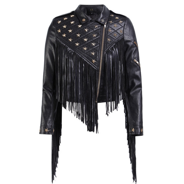 Chaqueta de Cuero para Mujer con Tachuelas Estrella y Borlas