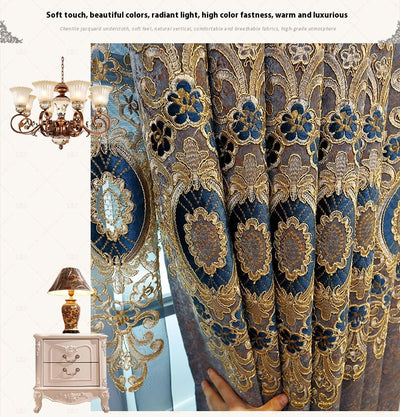 Blue sheer curtain with intricate gold and dark blue embroidery in a European classical style, draped over a window. - Image 25