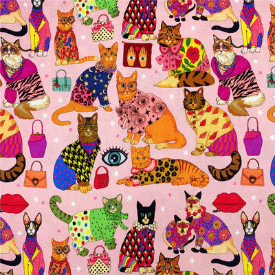 Vestido Infantil Estampado con Gatos, Patchwork Artesanal y Bufanda Integrada Rosa