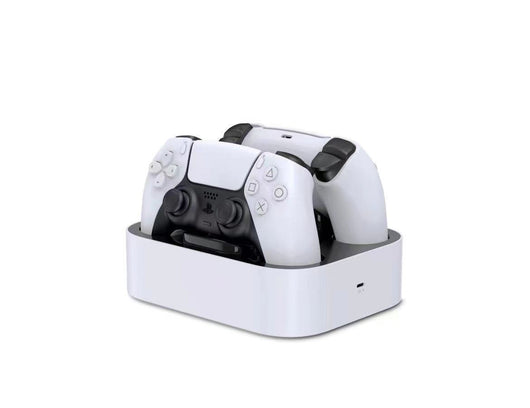 White and black dual charging dock for PS5 gamepads, featuring two charging ports and two storage slots. - Image 3