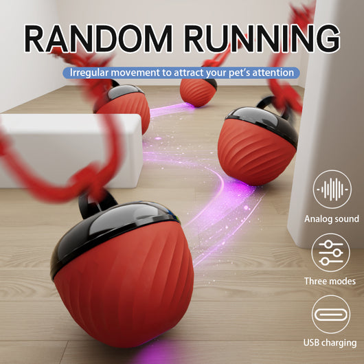 Red and black smart interactive pet toy ball with a textured swirl pattern and an attached red rope. - Image 6