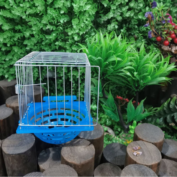 Small parrot breeding box with a blue plastic base and white wire cage, designed for bird nesting.