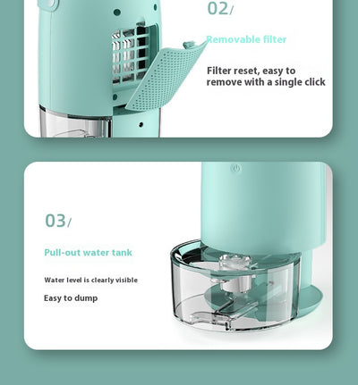 White compact dehumidifier with a transparent water tank, featuring a top grille and a power button. Highlights smart start, defrost, night mode, and quiet oper - Image 16
