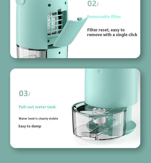 White compact dehumidifier with a transparent water tank, featuring a top grille and a power button. Highlights smart start, defrost, night mode, and quiet oper - Image 16