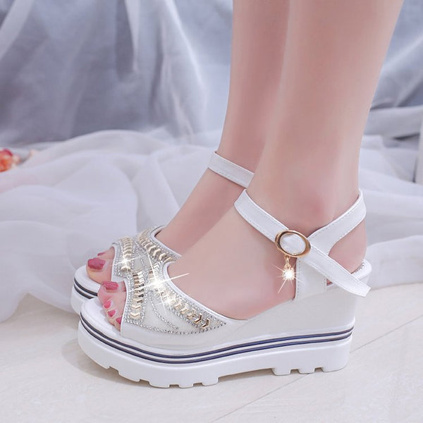 Sandalias Cuña Mujer Verano Piedras Brillantes Impermeables