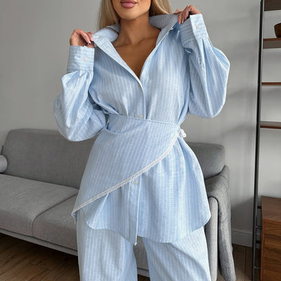 Conjunto de 3 Piezas: Camisa Casual a Rayas con Solapa y Pantalón Ancho - Image 3