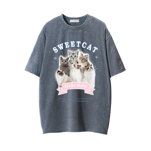 Camiseta Estampado Gatito Efecto Desgastado Manga Corta para Hombre - Image 11