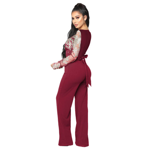 Jumpsuit Elegante de Encaje para Mujer - Manga Larga y Piernas Anchas - Image 3