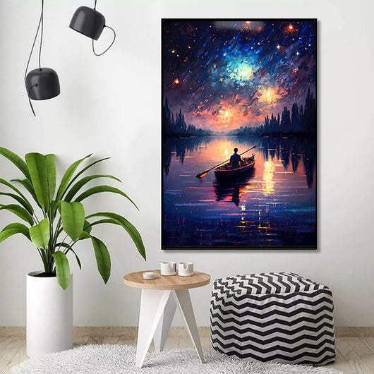 Cuadro de Arte Óleo Pintado a Mano - Lago Nocturno Bajo Cielo Estrellado - Image 2