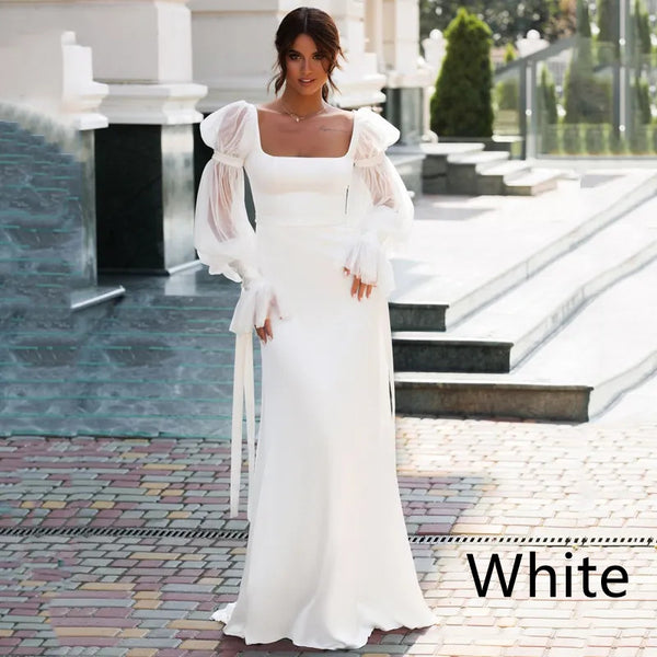 Vestido de Novia Sirena en Satén Elegante con Mangas Puff Largas - Image 3