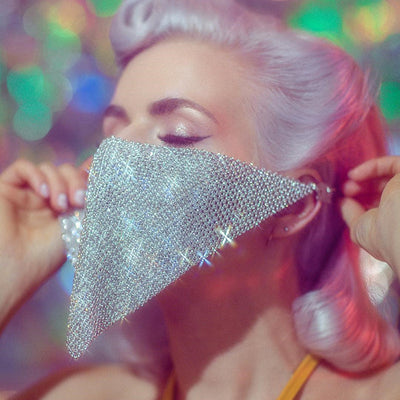 Gold rhinestone mask made of metal mesh, covering the face from the eyes to below the chin, displayed on a white mannequin head. - Image 3