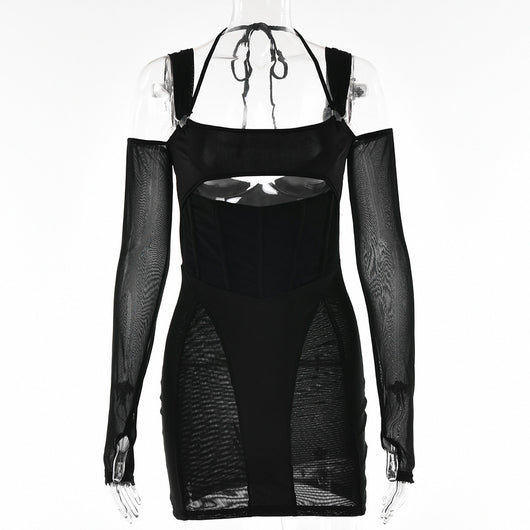 Vestido Ajustado Backless con Malla Transparente y Falda Cadera - Image 10