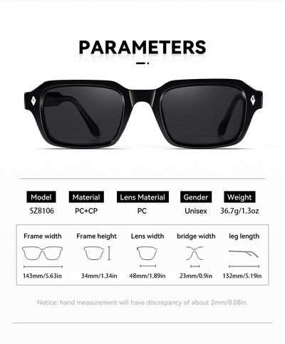 Black square-frame sunglasses with dark lenses and small silver diamond accents on the temples. - Image 10