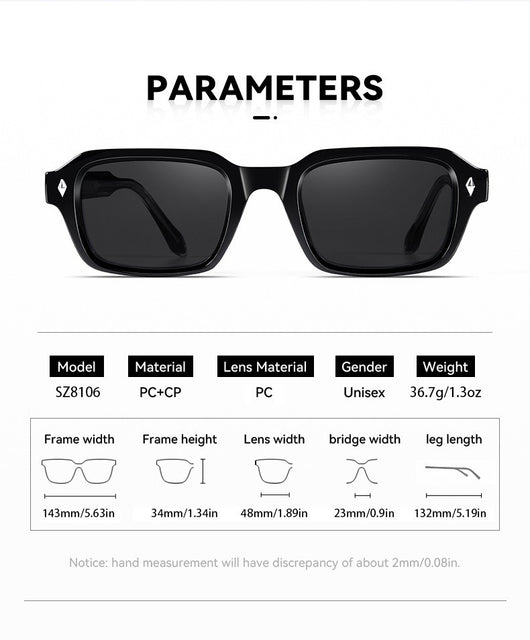 Black square-frame sunglasses with dark lenses and small silver diamond accents on the temples. - Image 10