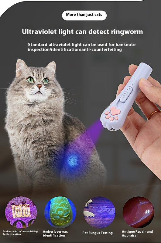 Light purple paw-shaped cat laser pointer toy with USB charging, featuring multiple red laser patterns, soft white light, and UV light. - Image 29