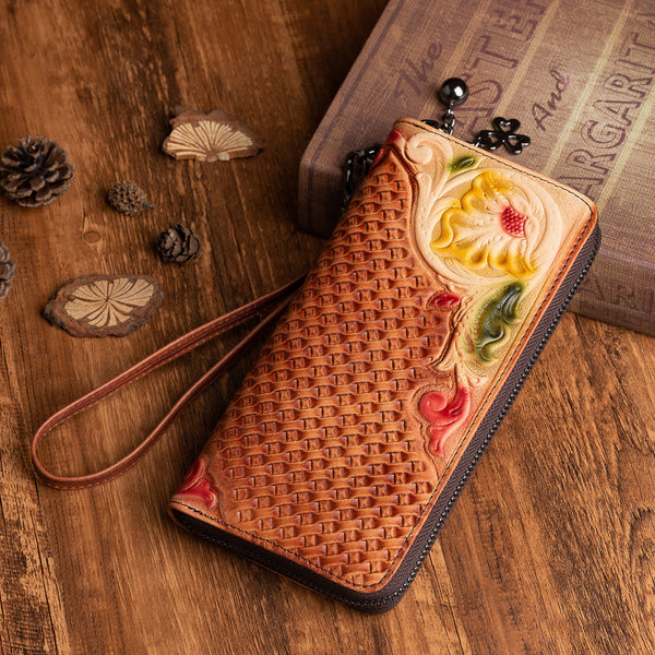 Cartera de Cuero Mediana Pintada a Mano con Árbol Retro