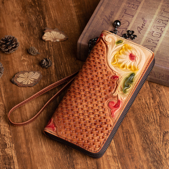 Cartera de Cuero Mediana Pintada a Mano con Árbol Retro