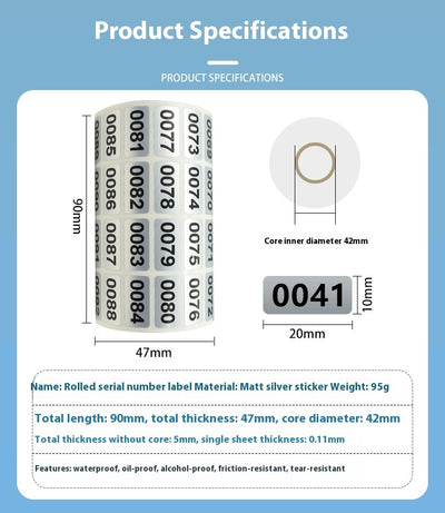 Roll of matte silver adhesive labels with sequential black serial numbers from 00001 to 00024 visible. - Image 7