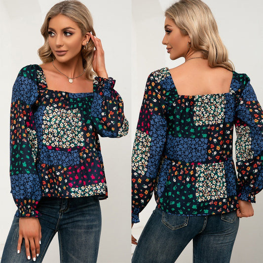 Blusa Casual con Cuello Cuadrado, Mangas Volantes y Flores Pequeñas