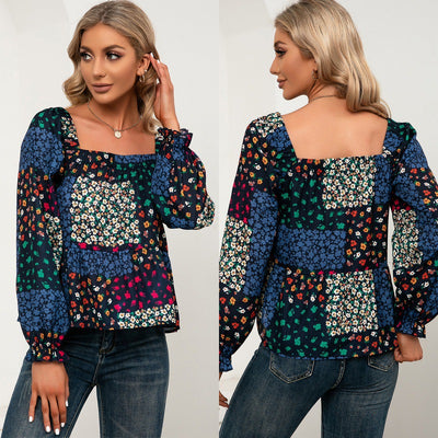 Blusa Casual con Cuello Cuadrado, Mangas Volantes y Flores Pequeñas
